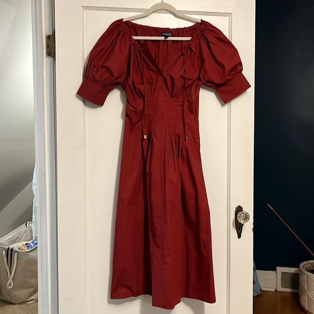 J. Crew Red Midi Puff-Sleeve Dress